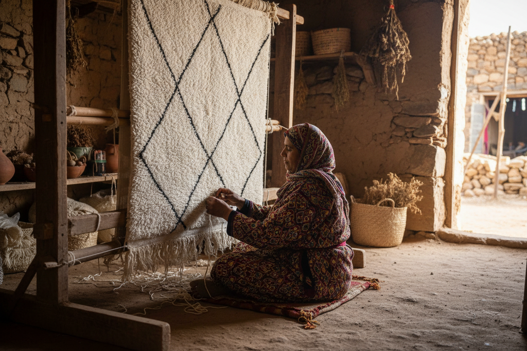 Femme berbère tissant un tapis Beni Ourain