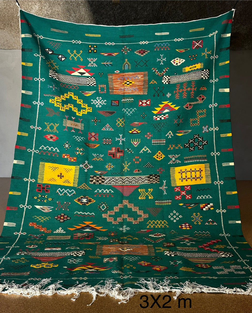 Emerald Berber Kilim Rug — 3x2m | Handwoven Moroccan Flatweave
