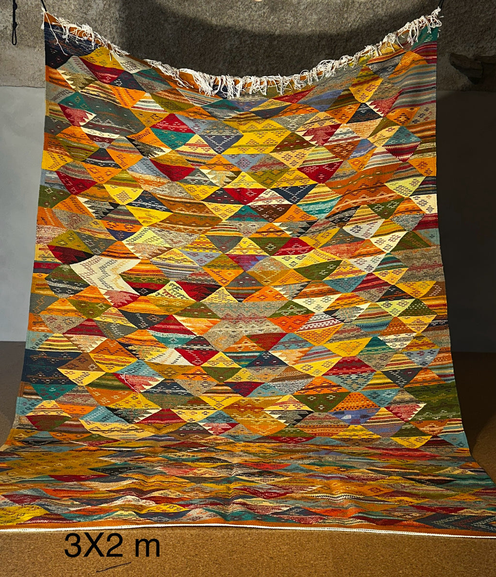 Rainbow Patchwork Kilim — 3x2m | Handwoven Moroccan Flatweave