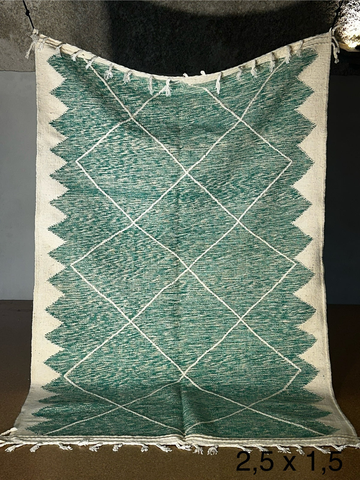 Authentic Moroccan Green Beni Ourain Rug – Handwoven Wool with Zigzag & Diamond Pattern